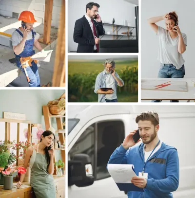 Maçon, chef d'entreprise, artisane, agriculteur, fleuriste et livreur au téléphone avec un client